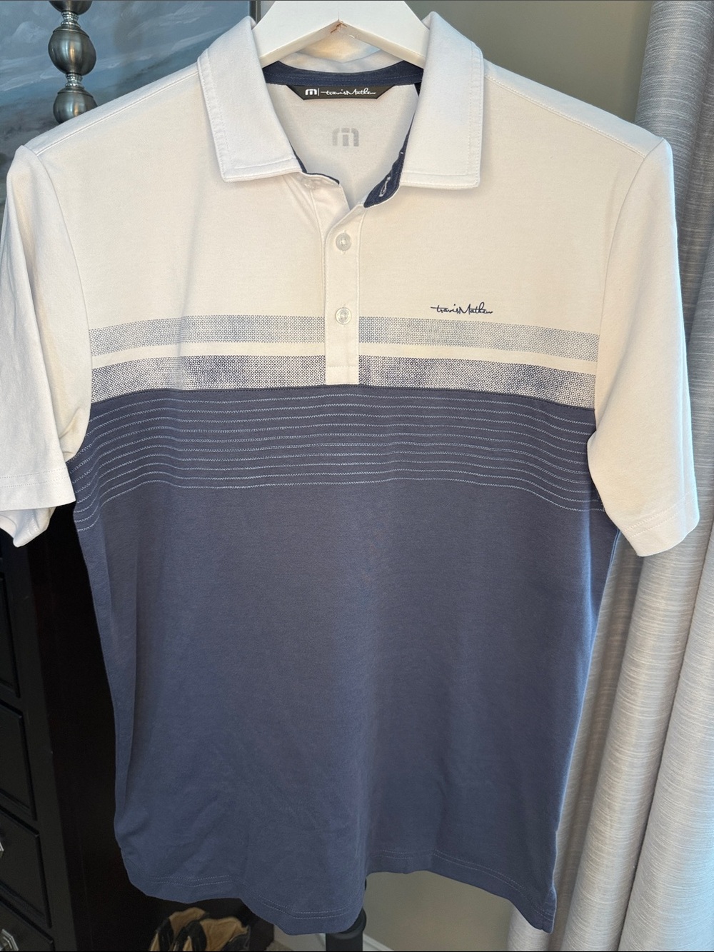 Travis Mathew White and Navy Striped Polo Medium